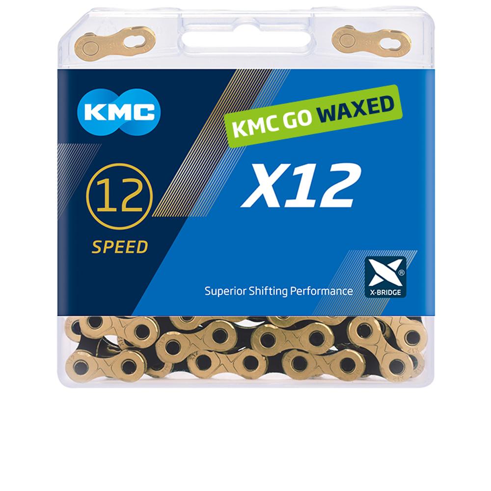 KMC X12 Fahrradkette 12-fach, gewachst, Silber, X-Bridge-Technologie, in transparenter Verpackung.