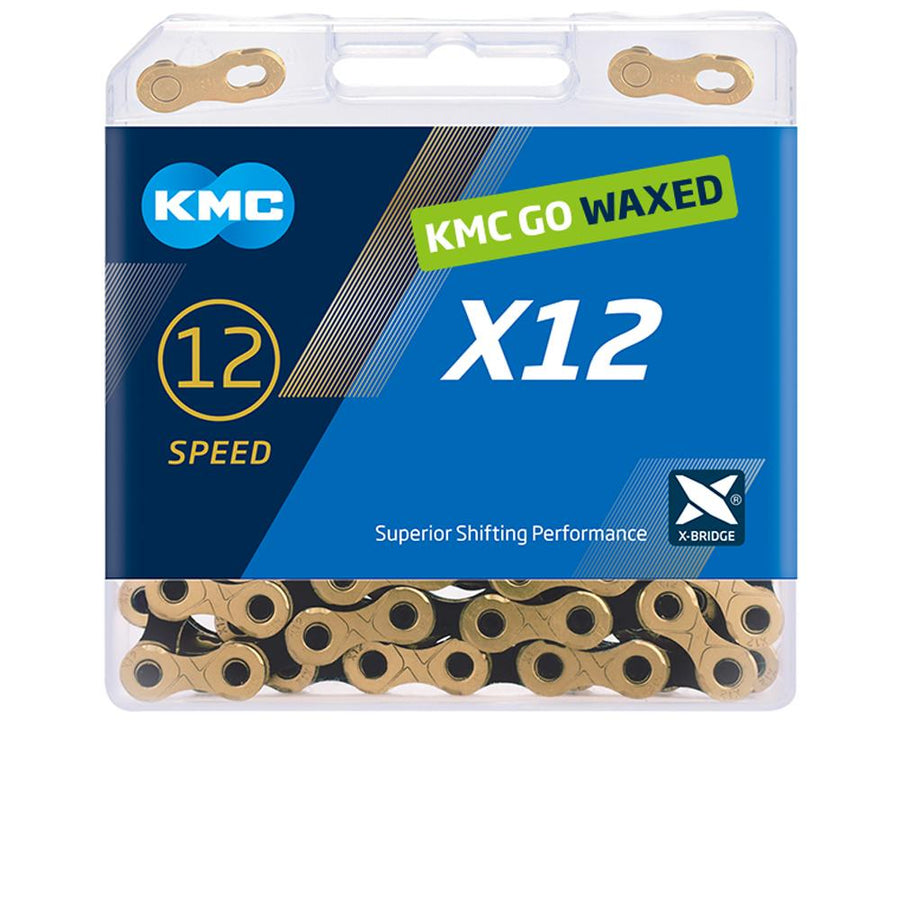 KMC X12 Fahrradkette 12-fach, gewachst, Silber, X-Bridge-Technologie, in transparenter Verpackung.
