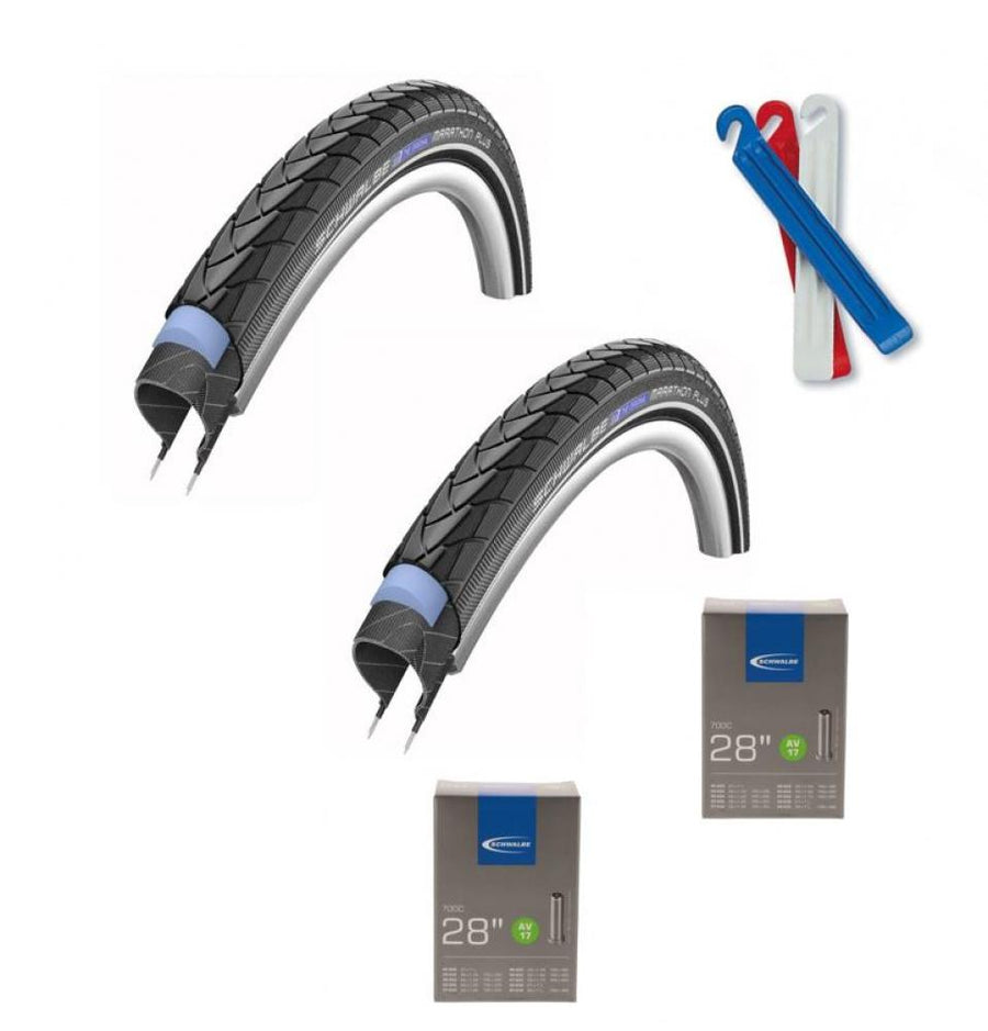 2x Schwalbe Marathon Plus 28 Zoll Reifen, 2x AV17 Schläuche und Zefal Reifenheber Set in Blau, Weiß und Rot.