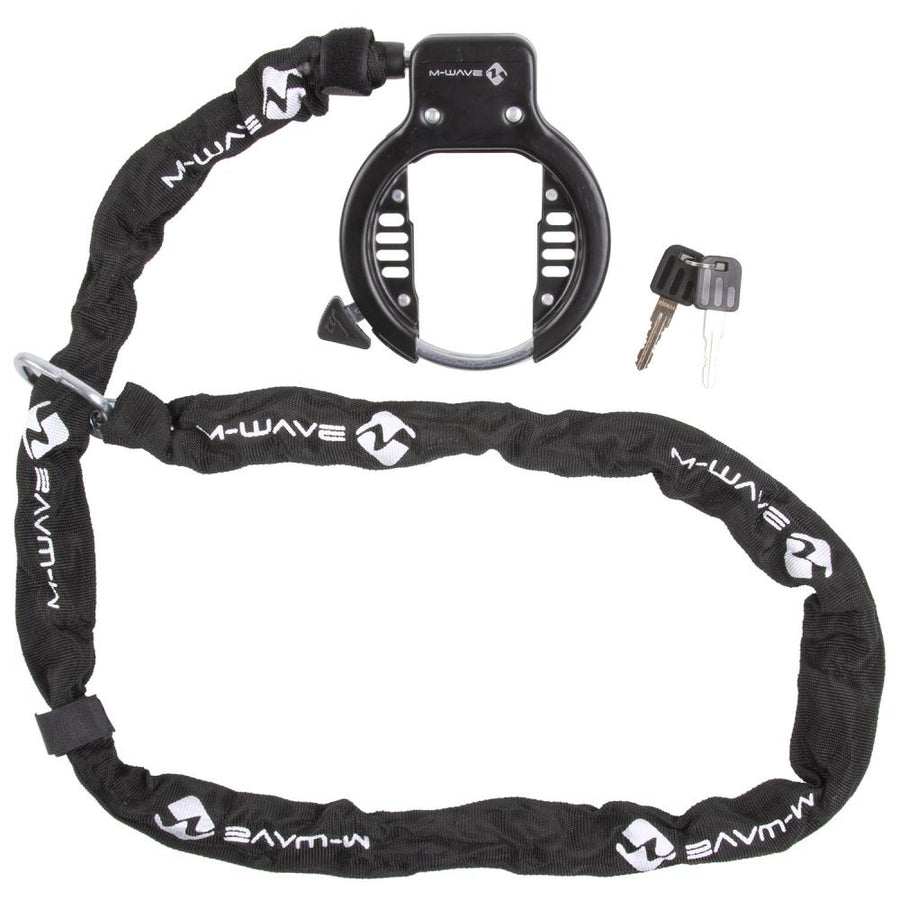 M-WAVE Ringchain Rahmenschloss mit 1500 mm Kette, 63 mm Öffnung und Schlüsseln zur Fahrradsicherung.